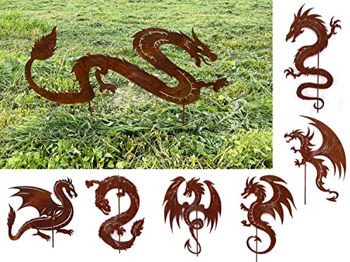 Gartenfigur Drache schlängelnd 32x80cm + Erdspieße Gartenstecker Edelrost Gartendeko Wetterfest Rost Metall Rostfigur Drachen Figur Schlange Dragon von Steinfigurenwelt