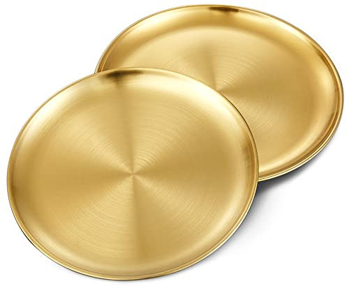 2 Stück Edelstahl Rundes Geschirr Silber Unterteller Edelstahlteller Servierteller Edelstahl Platzteller für Camping, Küche, Party(Gold, 26 cm)