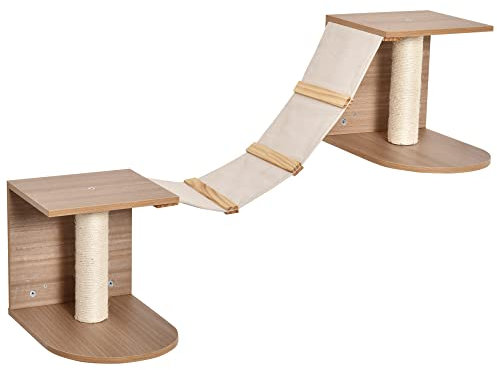 PawHut Estantes de Pared Gatos Escaleras de Tela para Gatos con Plataformas y Postes Rascadores de Sisal Centro de Actividades de Escalada 129x40x31,5 cm Marrón Claro