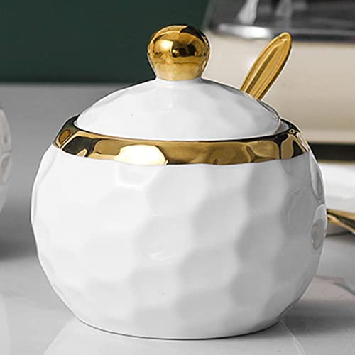 BIHOIB Sucrier de golf en porcelaine avec couvercle et cuillère - 1 boîte à épices moderne - Blanc et doré