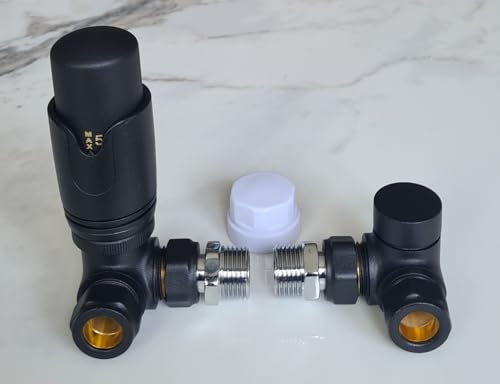 Team Controls Matt Black Corner TRV Thermostatic Radiator Valves Angled Set Pair 15mm x 1/2''