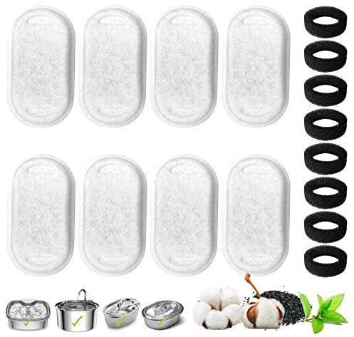 8+8 Stück Filter Katzenbrunnen, Trinkbrunnen Katzen Ersatzfilter für 108oz/3.2L und 67oz/2L Edelstahl Trinkbrunnen für Katzen und Hunde, mit Kohlefilter und Schaumfilter