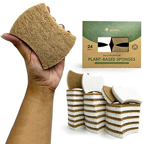 AIRNEX Biologisch abbaubare natürliche Küchenschwämme, Zellulose und Kokosnuss, umweltfreundlich, kratzfest, strapazierfähig, Küchenschwämme und Schrubber für Geschirr, 24 Stück