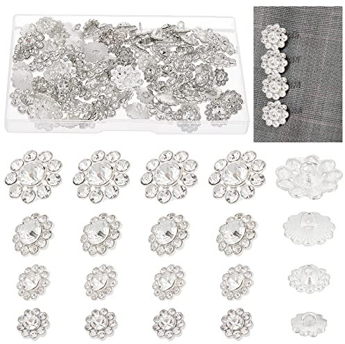 AHANDMAKER 80 Stück Blumen-Strass-Knöpfe, 4 Stil Kristallknöpfe Silber Ösenknöpfe Kleidung Dekorativer Knopf Mit Einem Loch Zum Nähen von Verzierungen DIY Handwerk Schmuck Hochzeitsdekoration