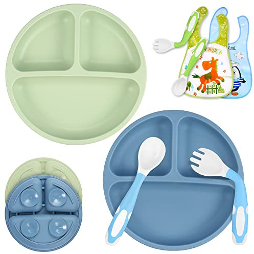 twocolor 2 Satz Baby Teller, Trennwand-Design Teller mit Saugnapf mit Utensilien und Lätzchen, BPA-frei, spülmaschinenfest und mikrowellen, einfaches Entwöhnen & Füttern für Baby Kleinkind (Blau Grün)