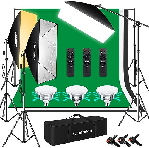 Softbox Set, Camnoon Fotostudio Licht Set mit 3 Softboxen, 3x85W 2800K-5700K Bi-Color Temperatur LED Licht, 3 Hintergrundstoff, Auslegerarm, Ständer, Tragetasche, für Produktfotografie/Live Streaming