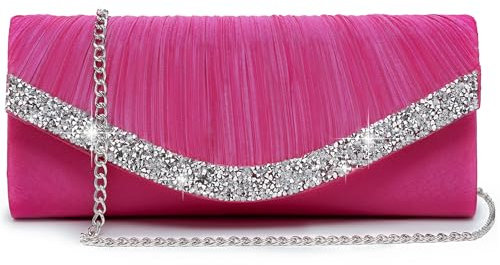 Dasein Pochette da donna in raso da sera, pochette da matrimonio, borse formali per feste e balli studenteschi, con strass, Fucsia