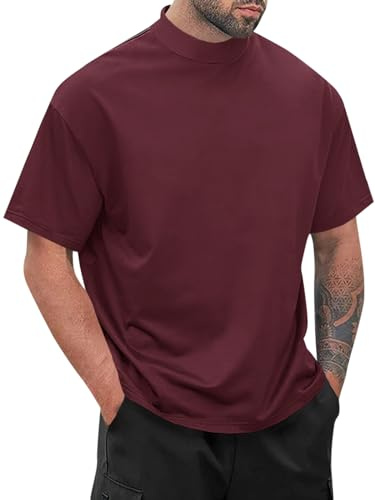 Wihion Men Turtleneck Mock Neck T Shirts Short Sleeve Ribbed High Neck Undershirt Thermal Tops Wine