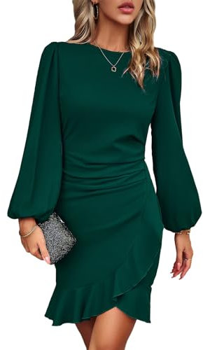 TcIFE Vestido Mujer de Cóctel Manga Larga Cuello Redondo Vestido de Ruched Volante Dobladillo Bodycon Mini Vestidos para Fiesta Invitada Bodas Noche, Verde, M