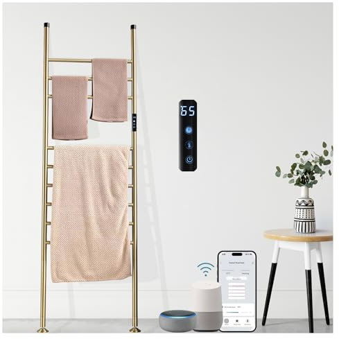Scaldasalviette Elettrico Scaletta Portasalviette 110W WiFi Intelligente Controllo Vocale Portasciugamani Elettrico con Timer 45-70℃ Piantana Portabiti Termoarredo Elettrico 160*45CM Oro Spazzolato