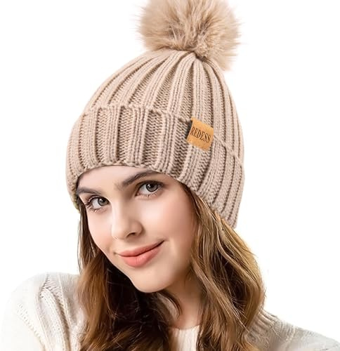 REDESS Damen Winter gestrickt Beanie Mütze Warm Fleece gefüttert mit Bommel Mütze Dick Slouchy Schnee Stricken Skull Ski Cap