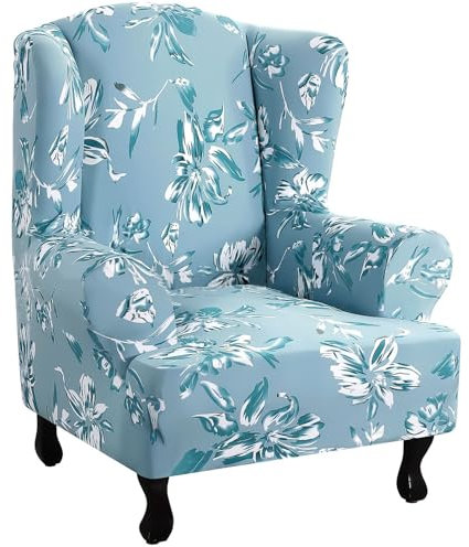 Kitegrese Ohrensesselbezug mit Blumenmuster, Ohrensessel-Schonbezug, Möbelbezug für Sessel 1-teilig, superelastisch mit elastischem Boden.(Light Blue)