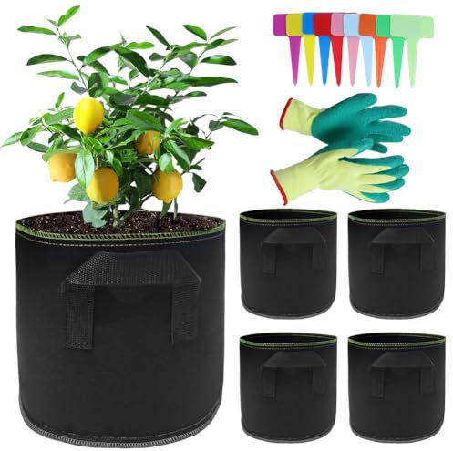 Vliesstoff Pflanzsack 5*30L Pflanzenwachstumstaschen mit Beschriften, Stofftopf, Pflanzen Tasche, Kartoffelpflanztopf Kartoffelpflanzsäcke, Kartoffelsack zum Pflanzen, Pflanzbeutel, Wachstumstasche
