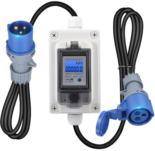 Mobiler Digital Stromzähler 230V 16A Stromzähler für Steckdose Outdoor mit IP67 Wasserdicht/LED/Reset, Mobile KWH Stromverbrauchmesser mit Gummischlauchkabel für Wohnmobile Elektrofahrzeuge Haushalte