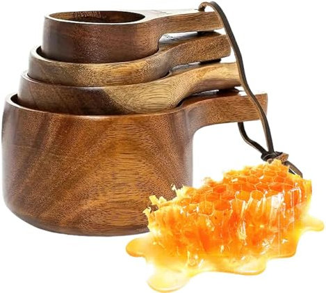 Acacia Wood Measuring Cups and Spoons, Sustainable Measuring Cup & Measuring Spoon Set Made of Acacia Wood, Honey Measuring Accessories, 4-Piece Kitchen Measuring Tools Set for Coffee, Baking & Honey
