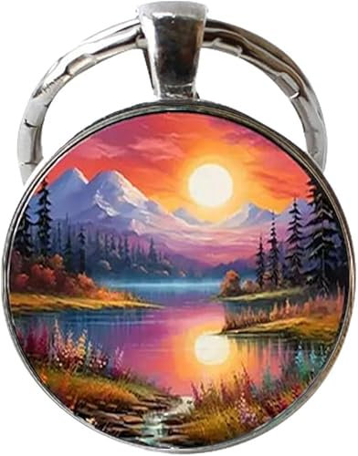 BMRYKCB Enchanted Twilight Sunset Forest Glass Art Photo Porte-clés, Argenté., 25mm