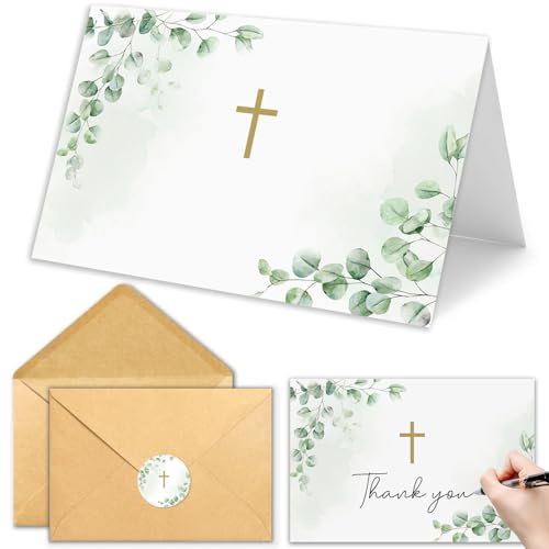 CYGGUN 25 Pack Religious Blank Cards with Envelopes, 4 x 6 Inch Cross Watercolor Eucalyptus Leaves Greeting Card with Envelopes for Baptism, Prayer, Christening, Wedding, First Communion