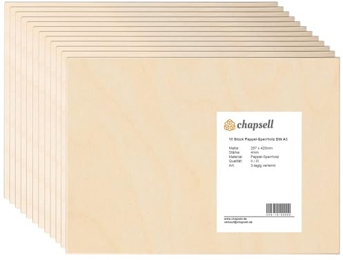 chapsell Sperrholzplatten A3 (10 Stück) – 297x420x4mm Pappelsperrholz – Qualität II/III, glatt geschliffen & formstabil – Holzplatten für Basteln, Lasercut, Gravur, Modellbau, Möbelbau, DIY & Handwerk