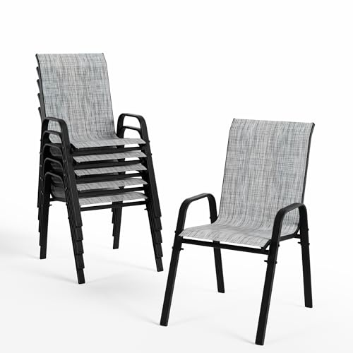 ALAULM Hochlehner Gartenstühle 6er Set Stapelbar, Wetterfeste Terrassenstühle mit Armlehnen, Atmungsaktives Textilene & Stahlgestell für Garten, Balkon, Terrasse, Poolbereich (Grau)