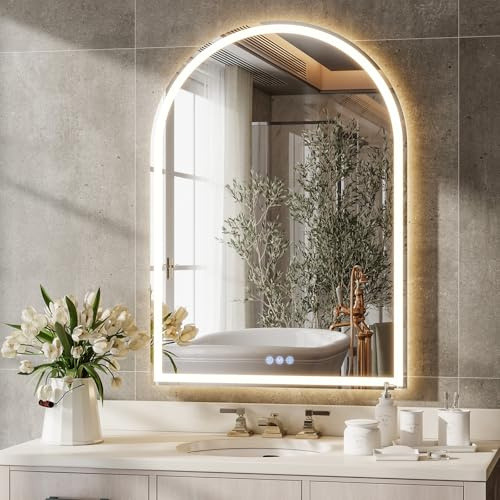 Koonmi LED Badspiegel 90 x 60 cm, dimmbar, Antibeschlag | Gewölbter Lichtspiegel mit 3 Lichtfarben, Memory Funktion und gehärtetem Glas für Bad und Schminkbereich