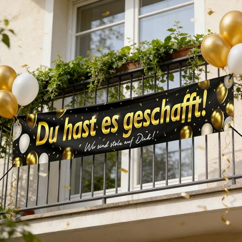 Graduation Deko Schwarz Gold, 247.4 x 41cm Du hast es geschafft Banner | Prüfung Bestanden Banner, Abschluss Banner, GraduationBanner, Abschluss Deko für Abitur, Bachelor und Master Abschlussfeiern