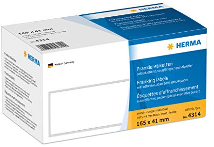 HERMA 4314 Frankieretiketten für Frankiermaschinen, 165 x 41 mm, 1000 Stück, selbstklebend, matt, einzeln, Papier Frankier-Etiketten Klebeetiketten Aufkleber mit Abziehlasche, weiß