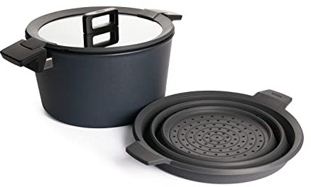 Woll Concept Plus Kochtopf mit Deckel und Silikoneinsatz, Ø 28 cm, 15,5 cm hoch, 7,5l - Geeignet für Ceran, Gas, Elektro, Halogen - Nicht induktionsfähig, backofenfest bis zu 250°, anthrazit