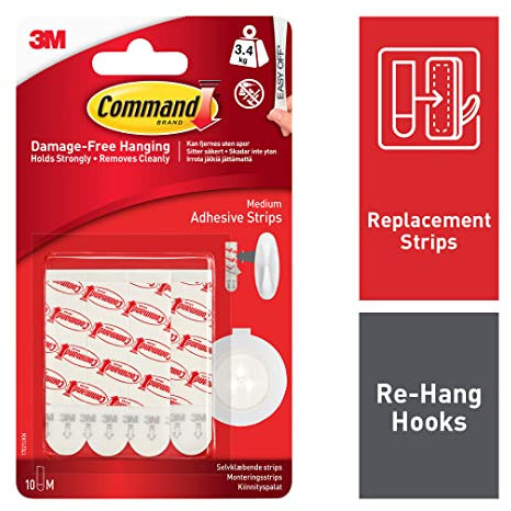 Command Medium Adhesive and Mounting Refill Strips, 10 Strips - Damage Free Hanging - Holds up to 3.4 kg, White