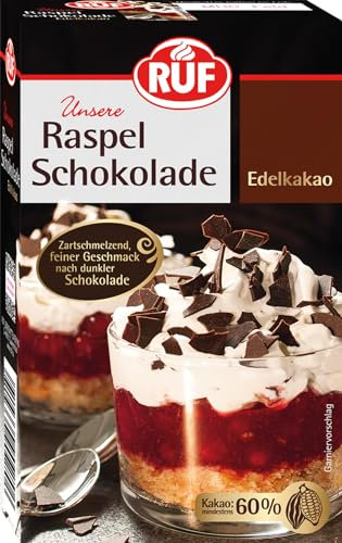 RUF Edelkakao Raspel-Schokolade, 60% Kakao, geraspelte Schokolade feinherb, hauchdünn & zartschmelzend, zum Torten garnieren, glutenfrei und vegan