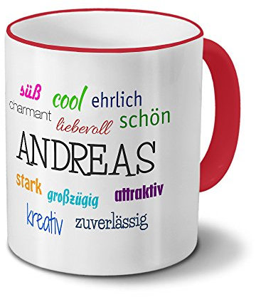 printplanet Tasse mit Namen Andreas - Positive Eigenschaften von Andreas - Namenstasse, Kaffeebecher, Mug, Becher, Kaffeetasse - Farbe Rot