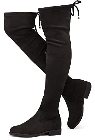 Herstyle Secret Obsession - Stivali da equitazione da donna, sopra il ginocchio, elasticizzati, morbidi, con tacco basso e pizzo, nero, 7 UK