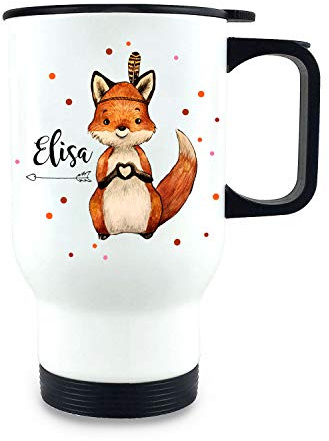 ilka parey wandtattoo-welt Thermobecher Isolierbecher Fuchs mit Herz Thermo Trinkbecher bedruckt Name Wunschname bunte Punkte tb165