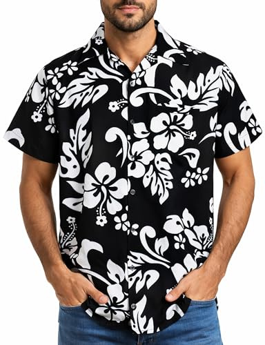 King Kameha Herren Hawaiihemd Kurzarm – Sommer Aloha Shirt mit Hibiskus-Print, leicht und pflegeleicht