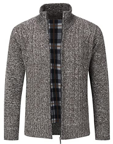 Mens Knitted Cardigan Thick Sweater Full Zip Stand Collar Warm Jumper Fleece Lined Winter Coat, Brown, M