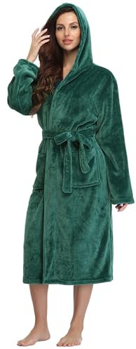 RONGTAI Damen Bademantel aus Plüsch mit Kapuze und Taschen, flauschige Nachtwäsche, Grün (Oil Green), X-Large