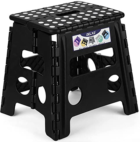Delxo Folding Step Stool, 13 inch Non-Slip Foldable Stools Up to 300 LBS, Step Stool with Handle, Lightweight for Kitchen, Bathroom, Bedroom, Garden, Black, 1PC