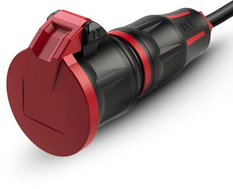 PCE 25732-sr Schutzkontaktkupplung IP54-16A 250V TopTaurus2 Gummiert | Outdoor Kupplung mit LED Spannungsanzeige, Klappdeckel & Schnellverschluss - Rot/Schwarz - CEE 7/3 Typ F Stecker