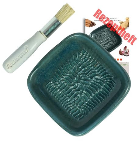 ANCKERAMIC® Ceramico Reibeteller & Backpinsel mit Naturborsten, Set aus Keramik für Knoblauch, Ingwer, Muskat, Handmade (Cadet/Flieder)