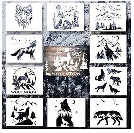 11 Stück Wolf-Schablonen Wald-Bergbaum-Schablonen für Holzverbrennung, Schablone zum Malen auf Holz, Basteln, Heimdekoration, (Wolf)
