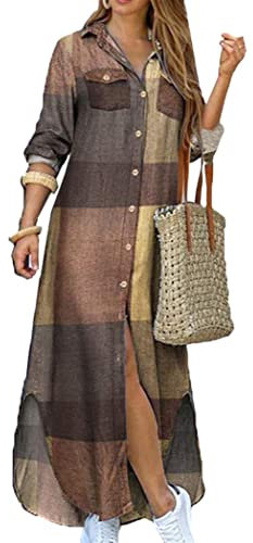 OMZIN Women Print Long Sleeve Shirt Dress Casual Loose Button Down Maxi Dresses with Pocket Khaki S
