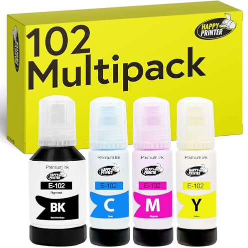 Happy Printer Tinte kompatibel mit Epson 102 für EcoTank ET-4850 ET-2850 ET-2856 ET-3850 ET-4856 ET-15000 (1x127ml, 3x70ml Tintenflaschen)