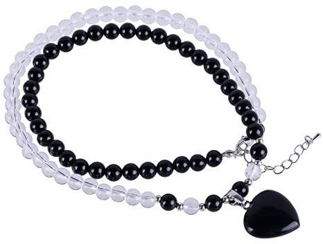 Nupuyai Collar de Cuentas de Cristal de Roca con Colgante de corazón para Mujer, Collar de Piedra de Cristal de Amor para Fiesta de Boda, Piedra Piedra Aleación, Obsidiana y Cristal de Roca