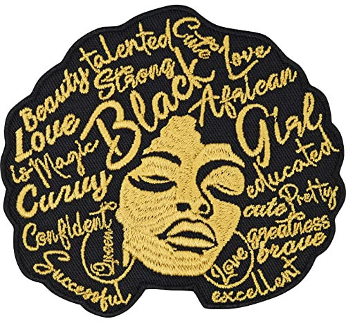 Afro hair fluffy Aufnäher gestickt | Afro girl: love, curly, talented, succesful, beautiful | Black girl Motivation Aufbügler Vintage Bügelbild zum annähen/aufbügeln | 90x85mm