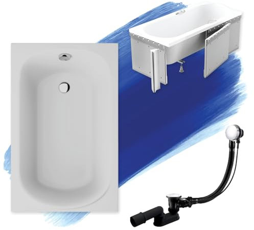 Badland Mini baignoire rectangulaire en acrylique blanc 100 x 65 cm Kit complet avec revêtement en polystyrène de qualité supérieure, pieds et bonde automatique chromée exclusive fabriquée en UE 4 en