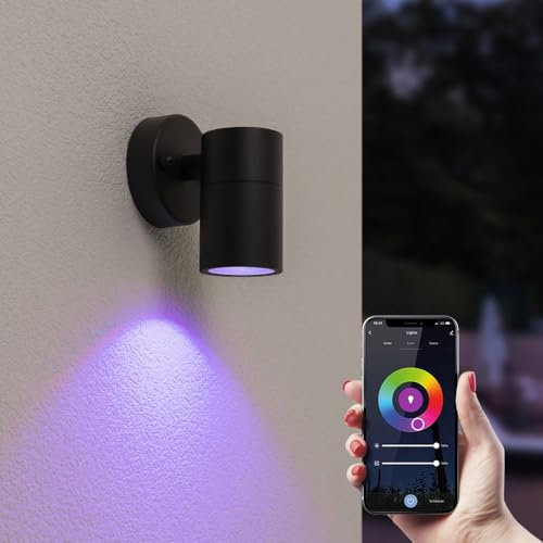 HOFTRONIC - Mason - Smart Home Wandleuchte Schwarz - GU10 WiFi + Bluetooth - Farbig RGBWW - IP44 Wasserdicht für außen, innen und bad - Wandlampe Downlight
