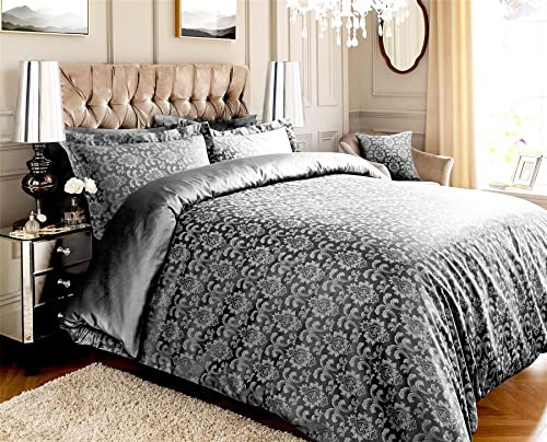 Roseley 600TC Jacquard Duvet Cover Set 80% Cotton Ornamental Bed Set Covers Soft & Warm Extra Pillowcases Available [Dark Grey Damask, Super King]