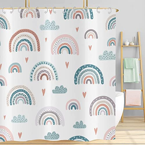 Hnmdmyi Tenda da doccia Arcobaleno 180x200, Boho Astratto Arcobaleno Tende da doccia Colorato Carino Bambini Cartoon Tenda da bagno Impermeabile Poliestere Tessuto Lavabile Tenda da bagno con Ganci