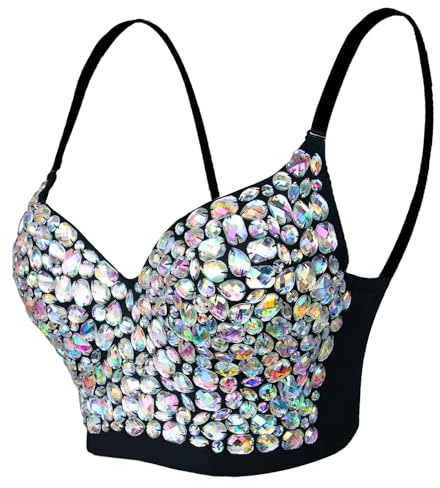 atokiss Women's Sexy Rhinestone Bustier Push Up Crop Top Club Party Glitter Gemstone Corset Top Bra