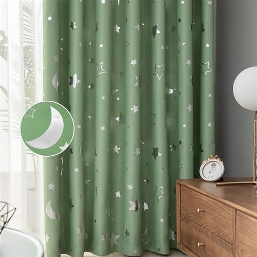 Freyamy Vorhang Blickdicht Grün Mond Sternenvorhänge 2 Stück,180x120cm (HxB) Niedliche Vorhänge mit Ösen Lichtundurchlässig thermovorhang kälteschutz Gardinen Lärmschutz für Kindervorhänge