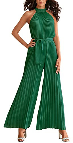 Odizli Jumpsuit Damen Elegant Hochzeit Lang Sexy Ärmellos Neckholder Plissee Weite Hose Sommer Overall Frauen Festlich Hochzeitsgäste Party Business Hosenanzug Playsuit Romper Große Größen Grün L
